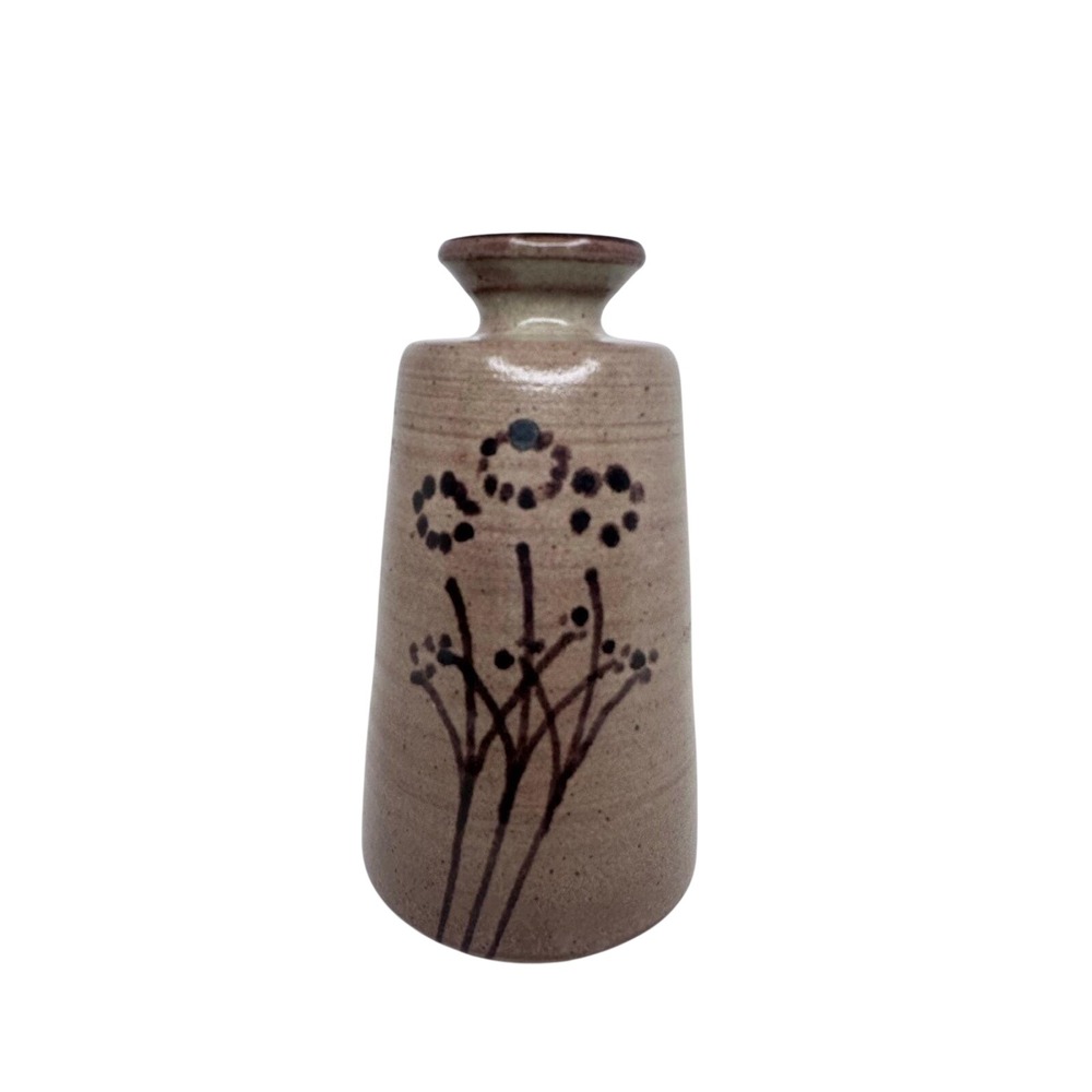 Signed Studio‎ Pottery Bud Vase Hand Painted Floral Stoneware Brown Tan 4.5"